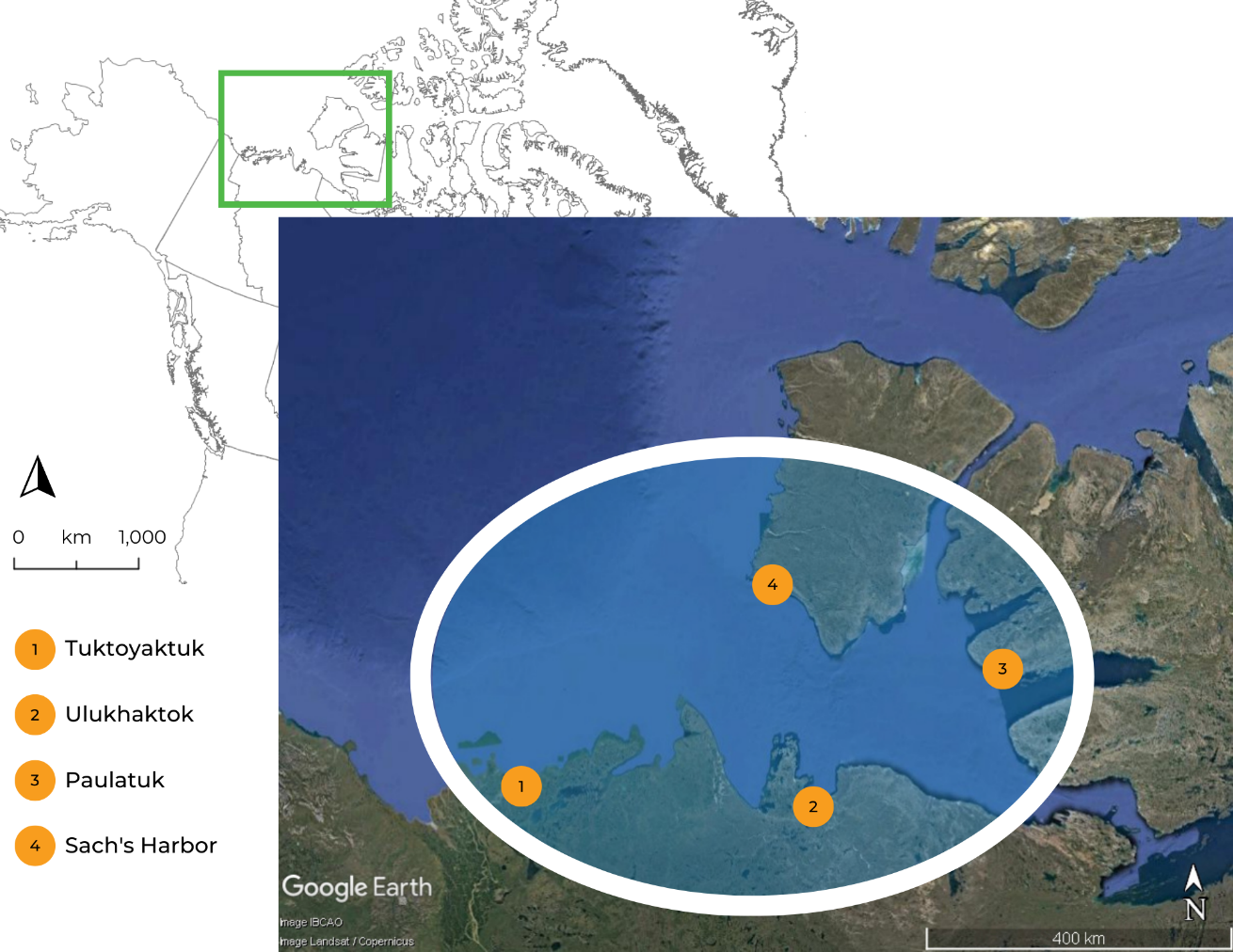 Figure 3: Communities exposed to sea level rise in the Beaufort Sea (NWT)